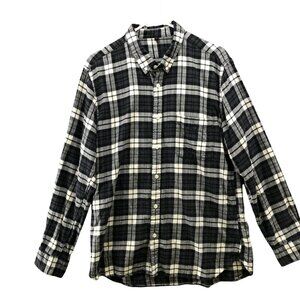 Muji Flannel Shirt Mens‎ L Gray Ivory Plaid Pocket Front Cotton